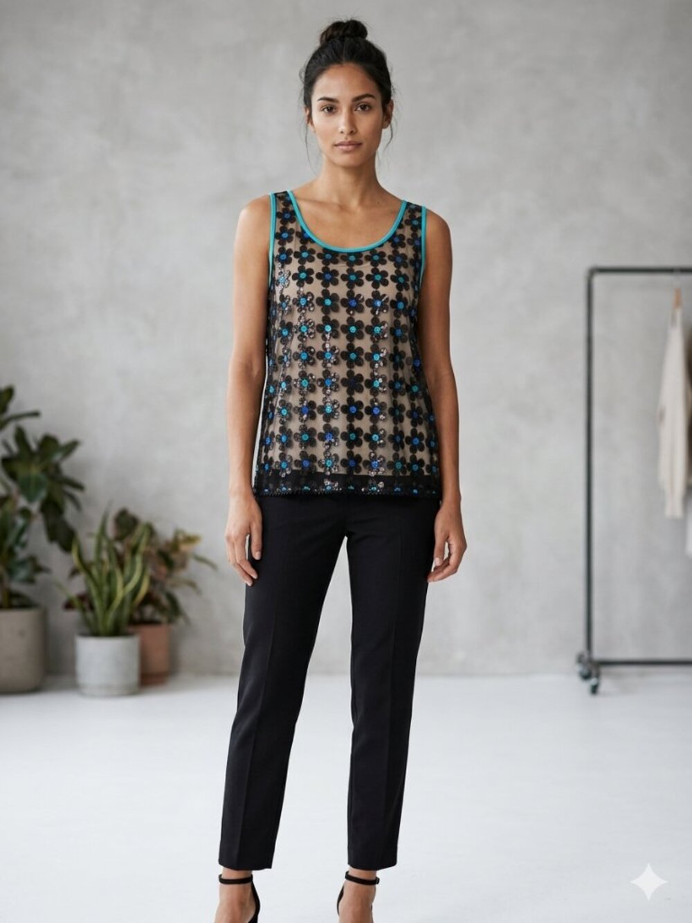 Candie's Women's Size XL Black Sheer Floral Embroidered Sequin Sleeveless Top